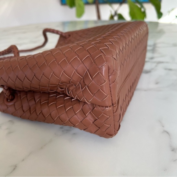 QUINCE Italian Leather Handwoven Mini Satchel Cognac Top Handle Shoulder Bag - Picture 9 of 16